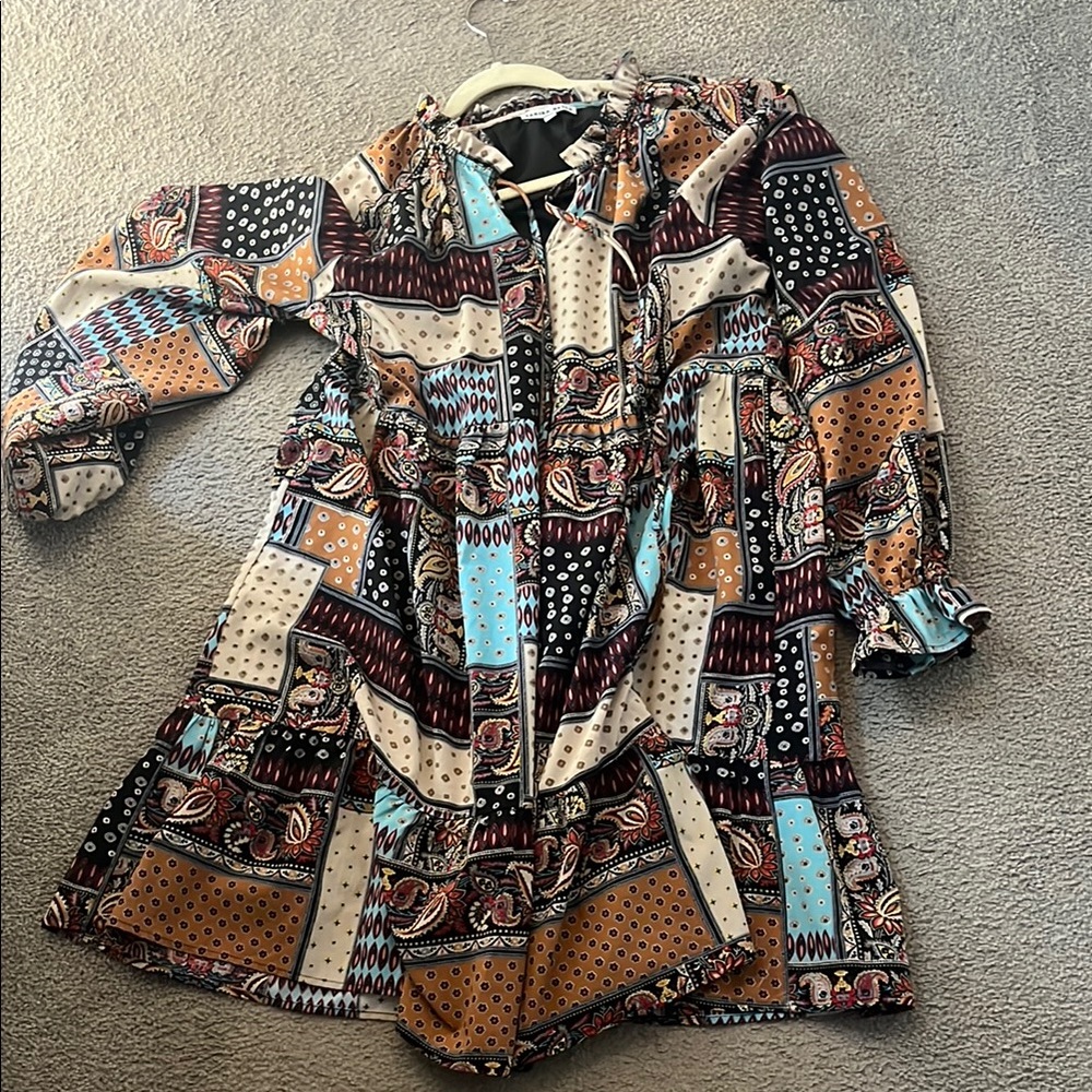 Patchwork Print Women's Dress medium petite cute dress long sleeve polyester